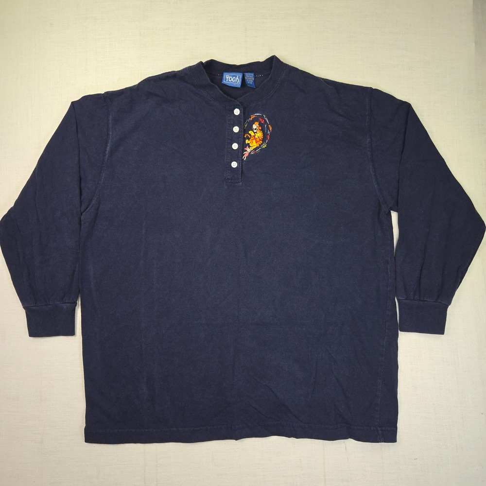 VTG Disney Pooh‎ Henley Shirt Navy Blue Mens XL Tigger Piglet Embroidered Cotton